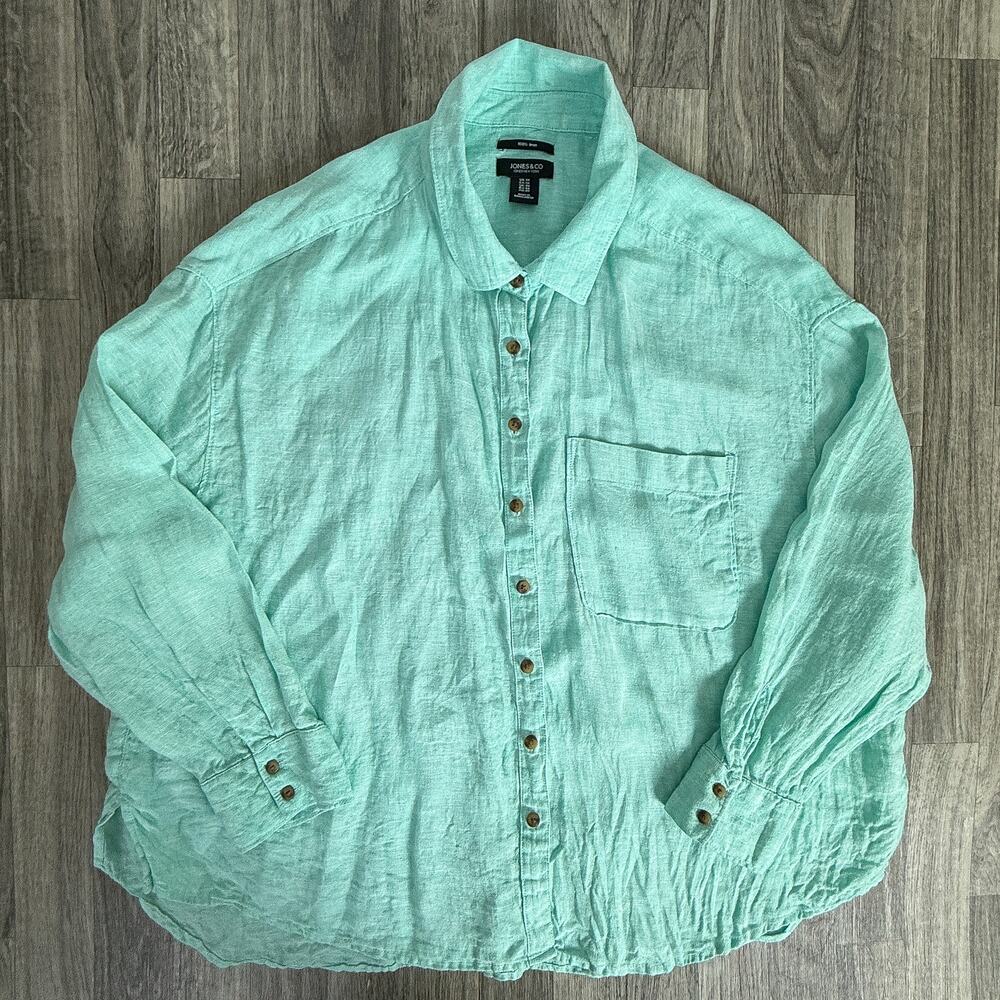 Jones & Co 100% Linen Button Up Shirt Mint Green Long Sleeve Casual Mens XL